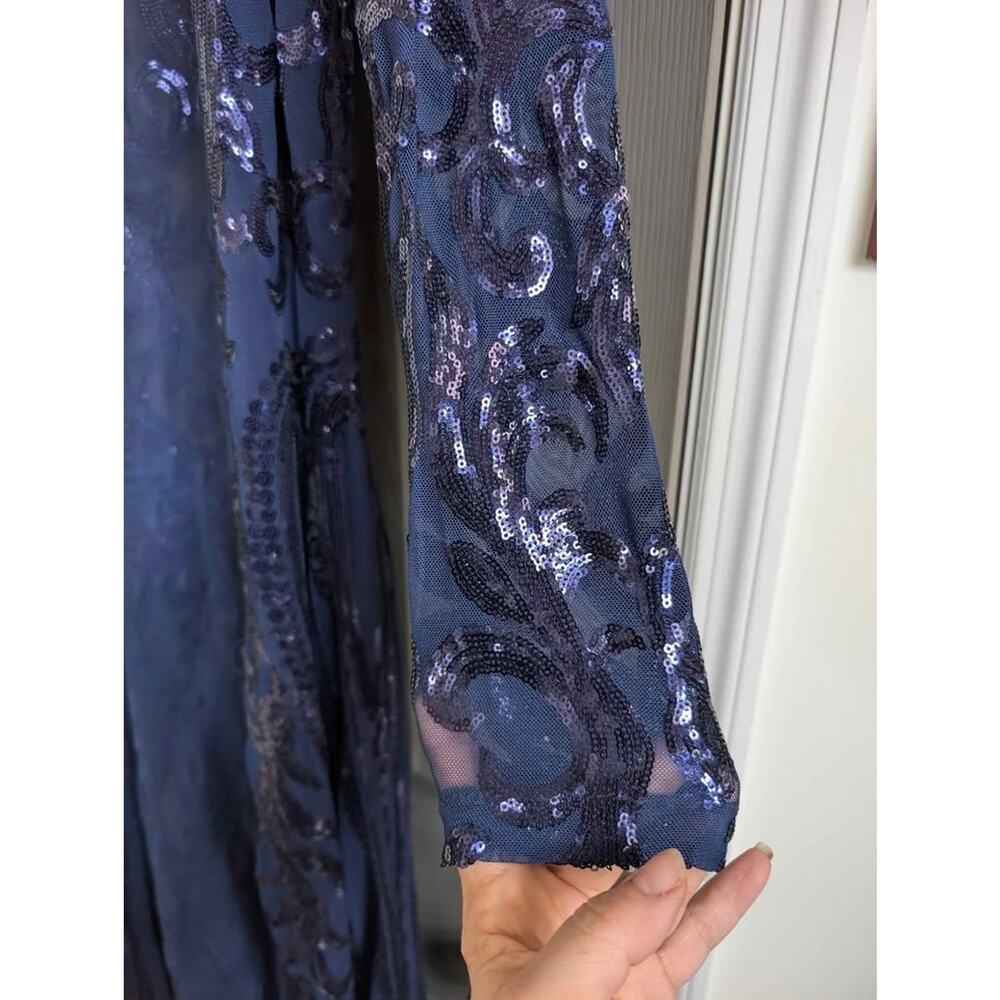 Sequin Mesh Duster Cardigan Navy Long Open Front Sheer Evening Cover Up Medium - Picture 6 of 8